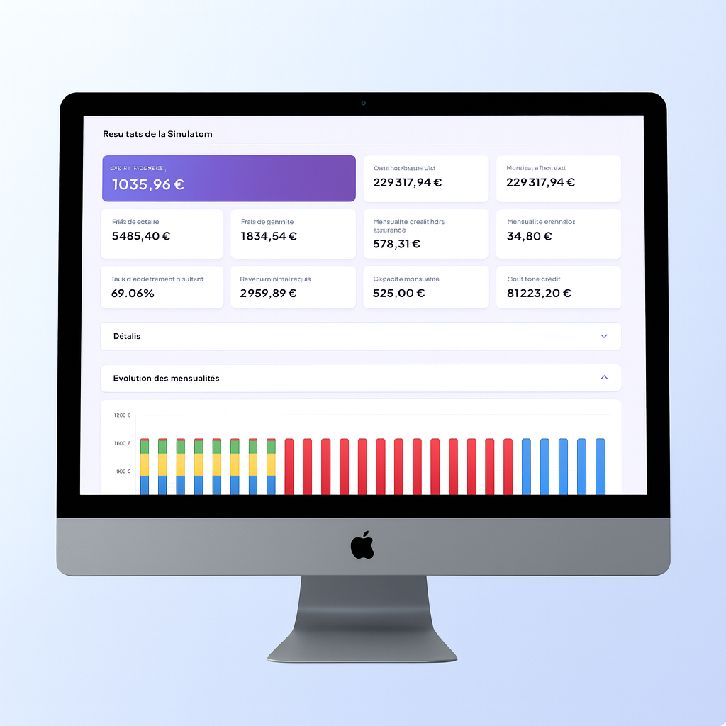 Interface moderne de simulation de prêt immobilier sur écran d'ordinateur